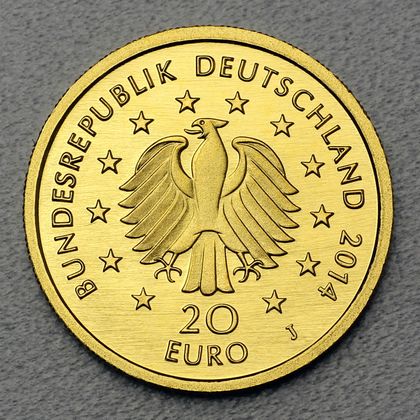 Kehrseite der 20 Euro Goldmünze "Kastanie" 2014 der Serie "Deutscher Wald"