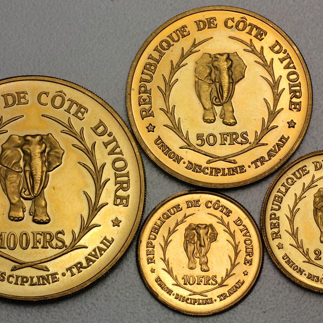 10, 25, 50 und100 Francs Goldmünzen der Elfenbeinküste Republique de Cote D&#039;Ivoire 1966