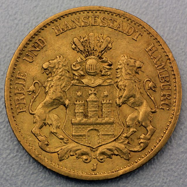 20 Reichsmark Goldmünze Hamburg Prägejahre 1875 bis 1889 Jäger Nr. 210