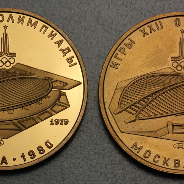 100 Goldrubel Olympiade Moskau 1977 Radrennbahn Polierte Platte - Prägefrisch