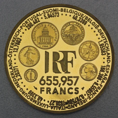 Goldmünze 655,957 Francs Frankreich 1999 - Euro Umstellung