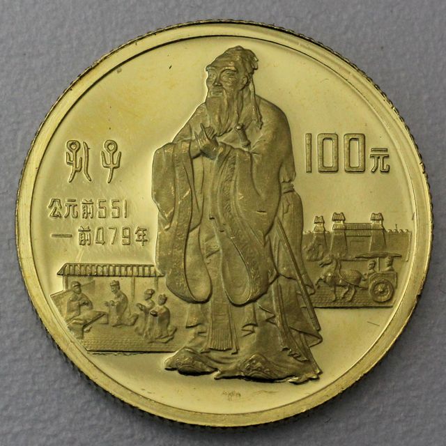 100 Yuan Goldmünze Confucius 1985 - 11,318g 22K