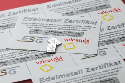 Zertifikat der CombiBar Silberbarren von Valcambi und ESG