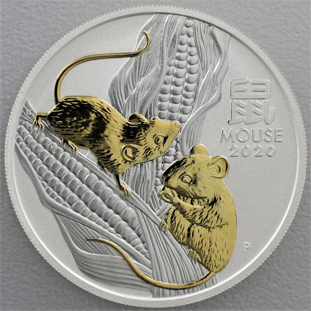 Lunar III Silbermünze 1oz Maus vergoldet