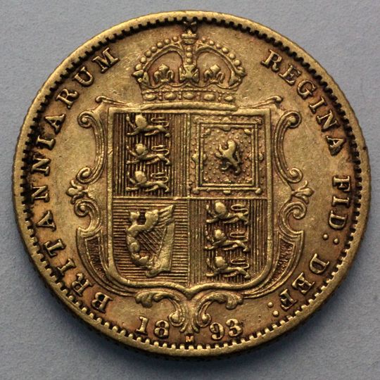 Rückseite mit Wappen und Prägezeichen M eines halben Sovereign Australiens Köigin Victoria mit Krone