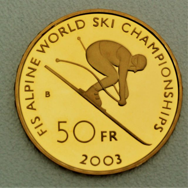 Goldmünze 50 Franken Schweiz 2003 - Ski WM St. Moritz