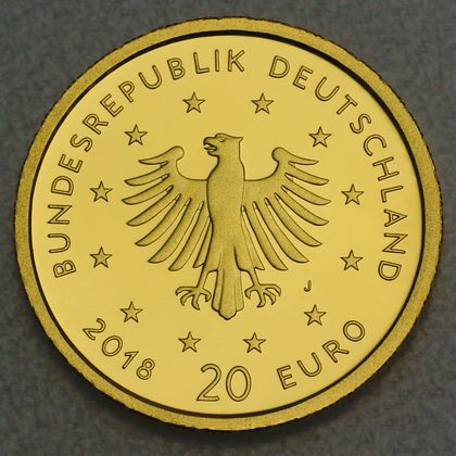 Kehrseite der 20 Euro Goldmünze "Uhu" 2018 der Serie "Heimische Vögel"