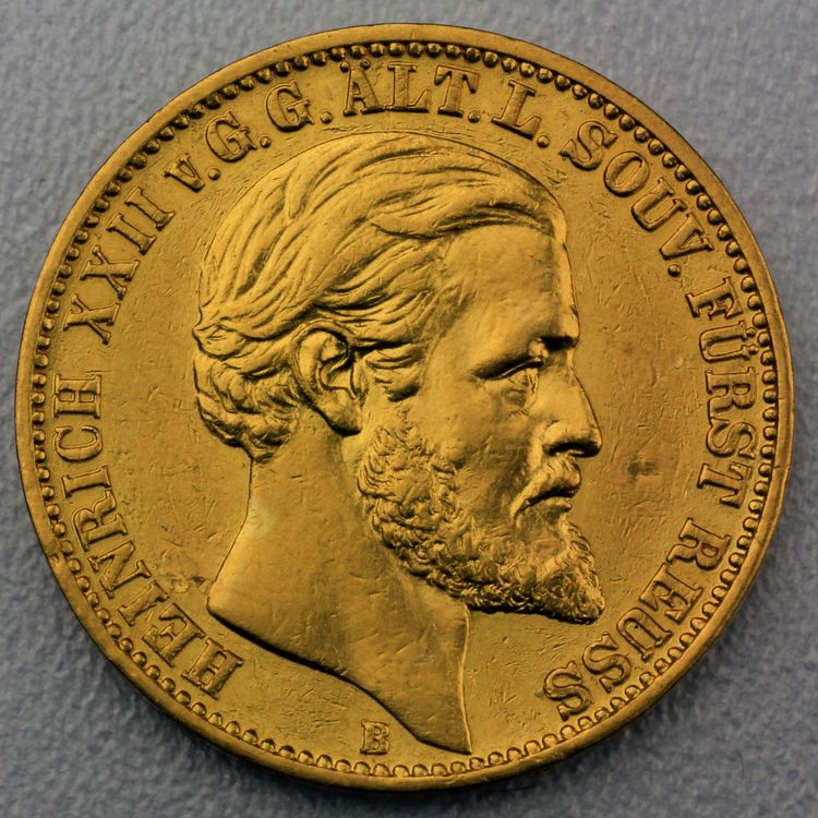 20 Reichsmark Goldmünze Heinrich XXII - Reuss ältere Linie - Prägejahr 1875 Jäger Nr. 254