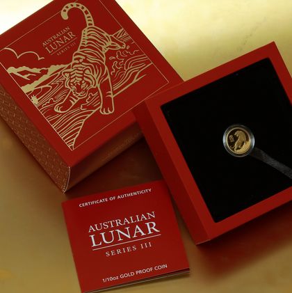Lunar III, 1/10oz Goldmünze in der Ausführung Polierte Platte, Tiger, 2022