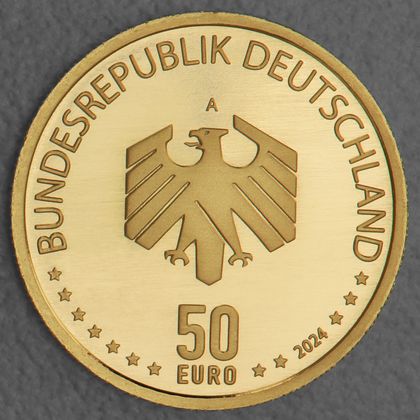 Kehrseite der 50 Euro Goldmünze "Mobilität" 2024 der Serie "Deutsches Handwerk"