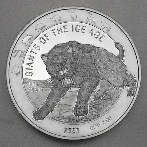 Silbermünze 1kg Ghana Giants of Ice Age 2020 - Säbelzahnkatze