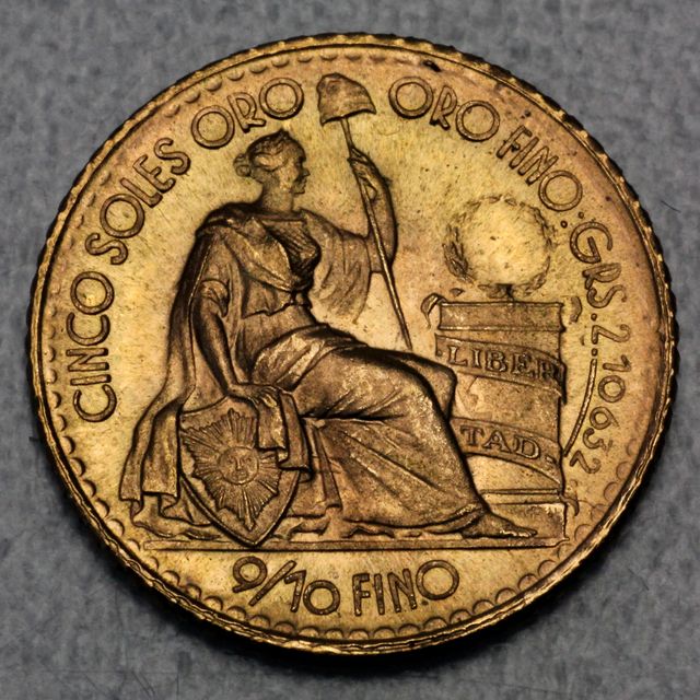 5 Soles  Goldmünze Peru Libertad Republica Peruana 1966