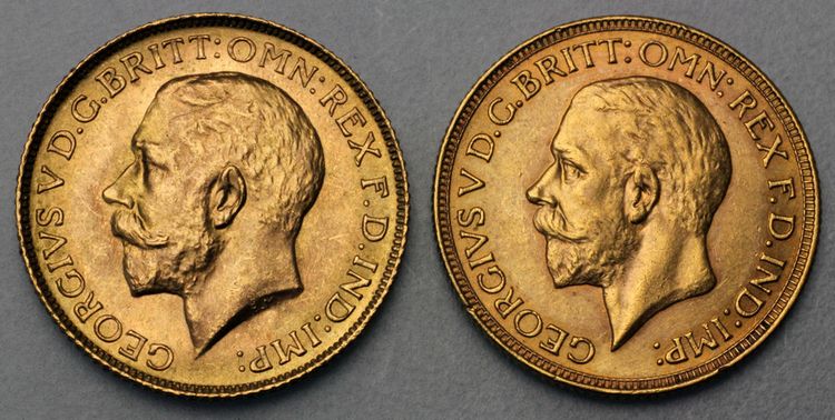Münzbild der 1 Pfund Sovereign Goldmünze Südafrika mit dem Portrait von Georg V links 1923 bis 1928, rechts leicht abgeändert 1929 bis 1932
