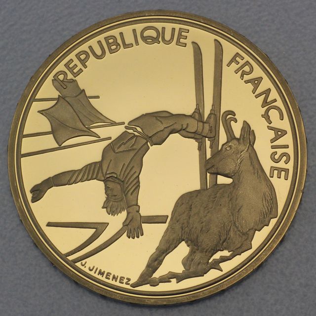 Goldmünze 500 Francs Frankreich 1990 - Olympiade 1992 Albertville Frees Skier mit Gämsen