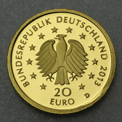 Kehrseite der 20 Euro Goldmünze "Kiefer" 2013 der Serie "Deutscher Wald"