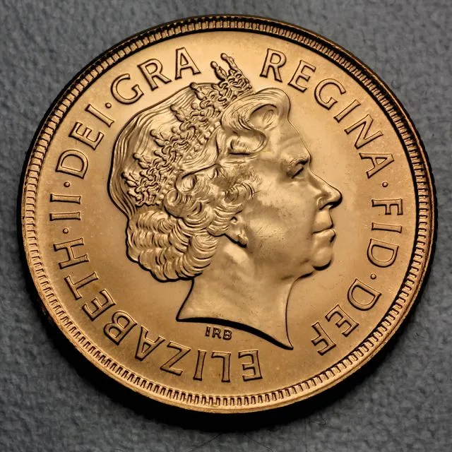 Sovereign Münze Königin Elisabeth II Kopfseiten Versionen ab 1998 und Rückseiten Version Sonderprägung 2002