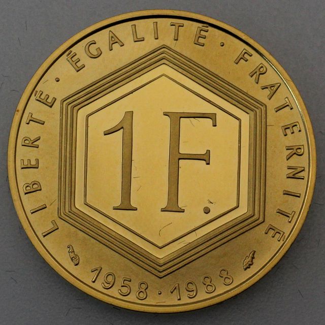 1 Francs Goldmünze Frankreich 1988 Charles de Gaulle