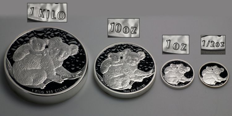 Koala Silbermünzen 1kg, 10 Unzen, 1 Unze, halbe Unze