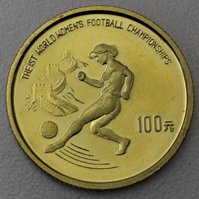 100 Yuan Goldmünze China 1991 Frauen Fussball WM 8,0g 22k Gold