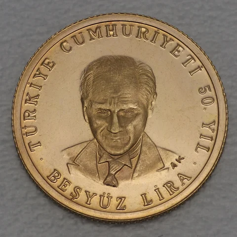 Goldmünze 500 Lira Türkei 1973 - 50. Geburtstag der Republik