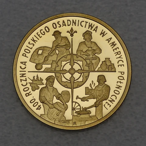 Goldmünze 100 Zloty Polen 2008 - 400. Jahrestag der Besiedlung Nordamerikas