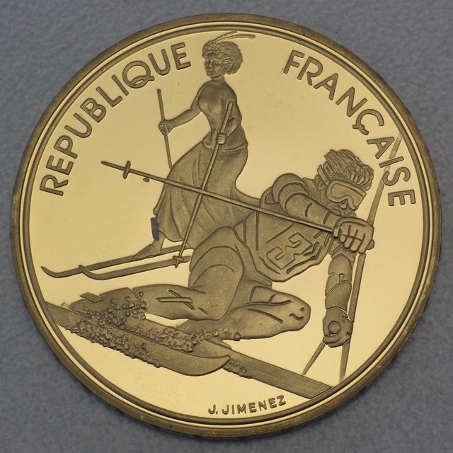 Goldmünze 500 Francs Frankreich 1990 - Olympiade 1992 Albertville, moderne und altmodische Art von Slalom-Ski