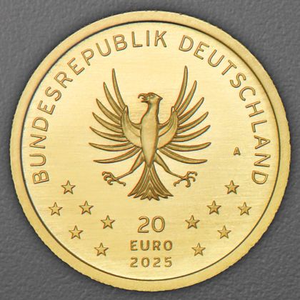 Kehrseite der 20 Euro Goldmünze "Luchs" 2026 der Serie "Rückkehr der Wildtiere"