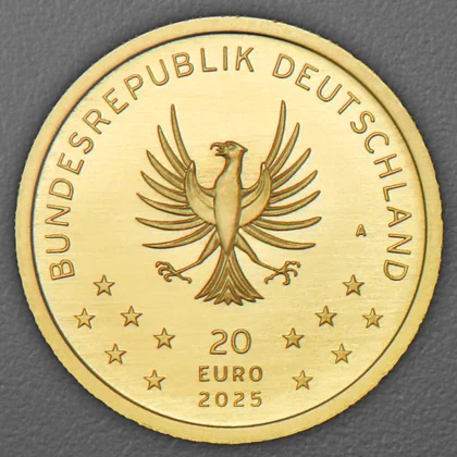 Kehrseite der 20 Euro Goldmünze "Luchs" 2026 der Serie "Rückkehr der Wildtiere"