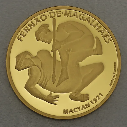 Goldmünze 7,5 Euro Portugal 2021 - 500. Jahrestag der Weltumsegelung, Tod von Ferdinand Magellan in Mactan 1521