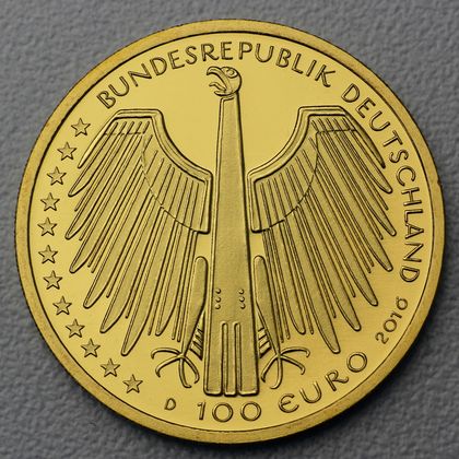Kehrseite der 100 Euro Goldmünze "Altstadt Regensburg" 2016