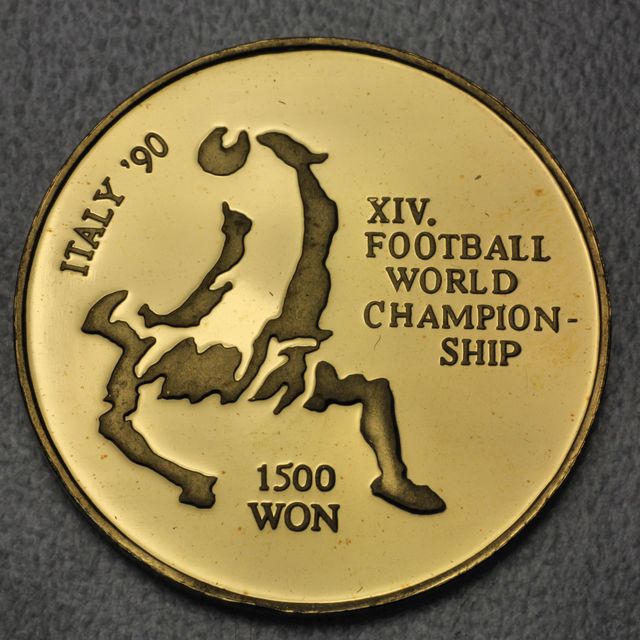 1500 Won Goldmünze Nord Korea 1991 Fussball WM Italien (Italy &#039;90) 8g 999er Gold