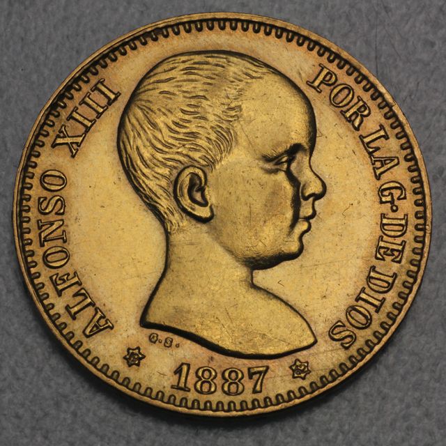 20 Spanische Gold Pesetas Münze 1887