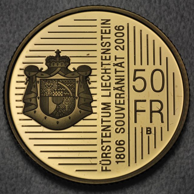 50 Franken Goldmünze Liechtenstein 2006 Johann I Fürst von Liechtenstein - Fürstentum Lochtenstein 1806 Souveränität 2006