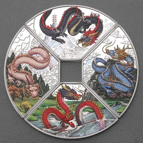 Silbermünzen 4x 1oz Lunar Tuvalu Quadrant 2024 - Drache