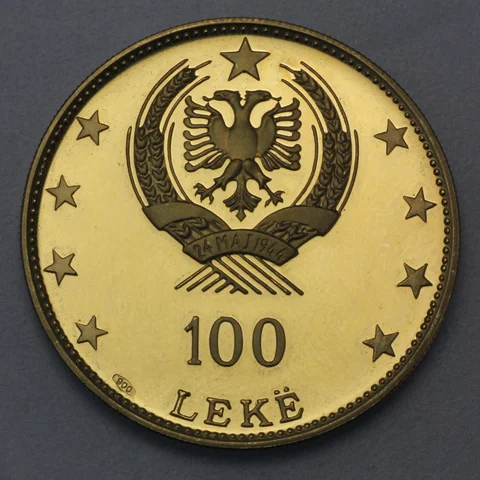 100 Leke Goldmünze Albanien 1968 - Bäuerin bei der Weinlese