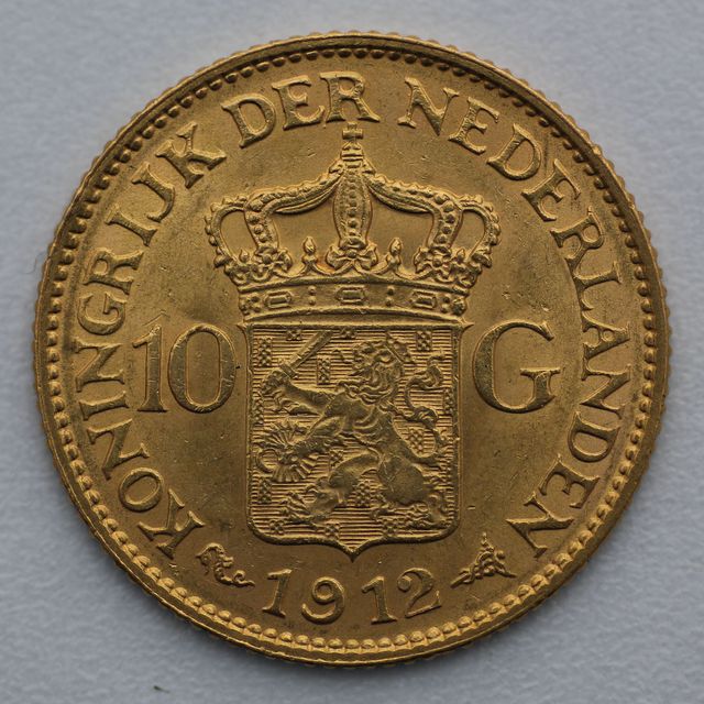 10 Gulden Goldmünze Wilhelmina Niederlande mit Krone Rückseite