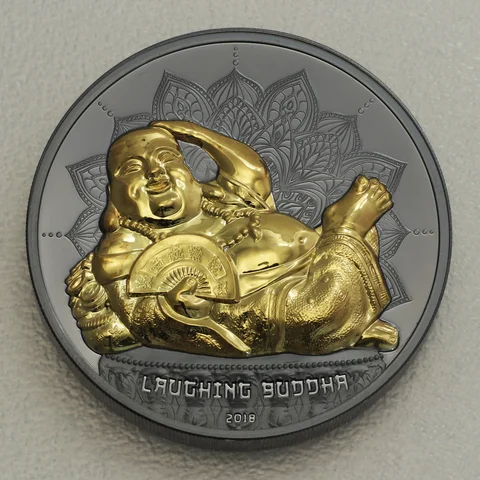 Silbermünze Laughing Buddha (Schwarzprägung und vergoldet)