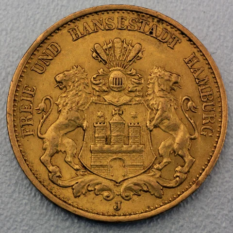 20 Reichsmark Goldmünze Hamburg Prägejahre  1893 bis 1913 Jäger Nr. 212