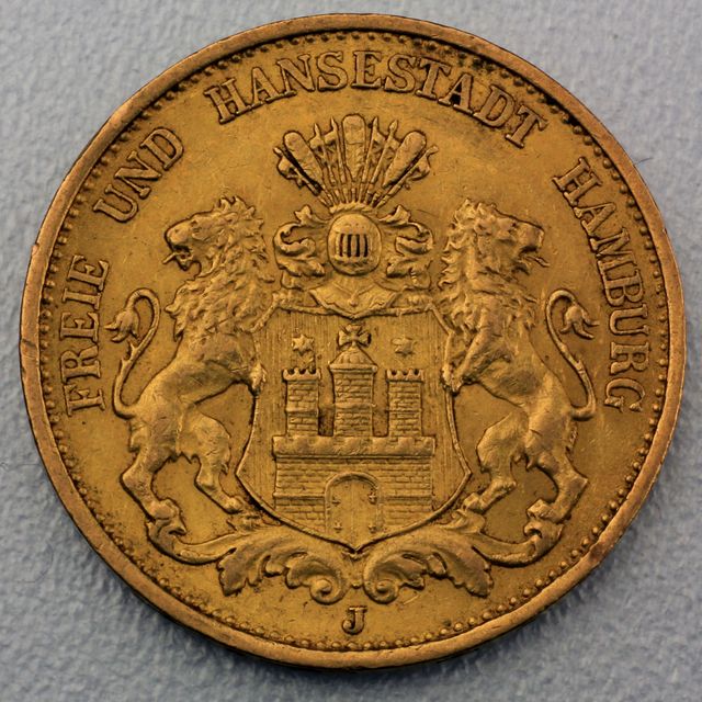 20 Reichsmark Goldmünze Hamburg Prägejahre  1893 bis 1913 Jäger Nr. 212