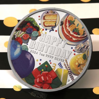 1oz Silbermünze, Happy Bithday, koloriert 