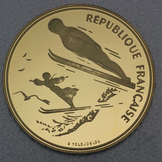 Goldmünze 500 Francs Frankreich 1991 - Olympiade 1992 Albertville, moderne und altmodische Art des Skispringens