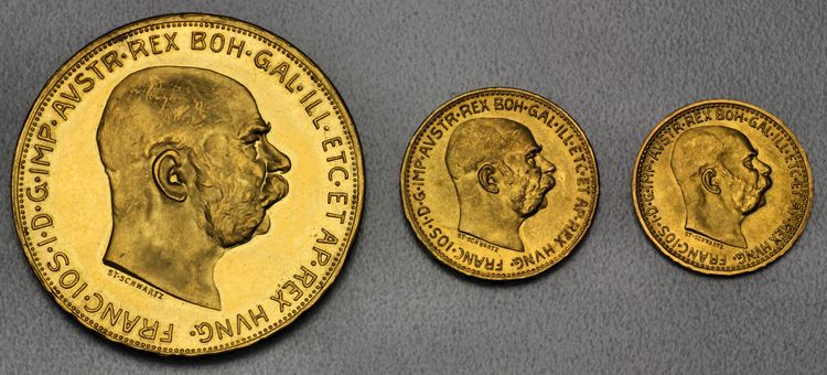 100 Kronen, 20 Kronen, 10 Kronen Goldmünzen Österreich