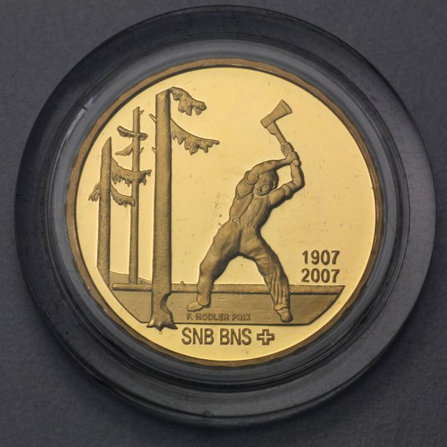 Schweizer 50 Franken Gedenkgoldmünze 2007 Holzfäller SNB BNS
