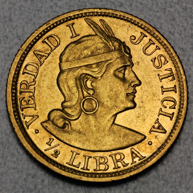 1/2 Libra Goldmünze Peru Verda I Justicia 1908