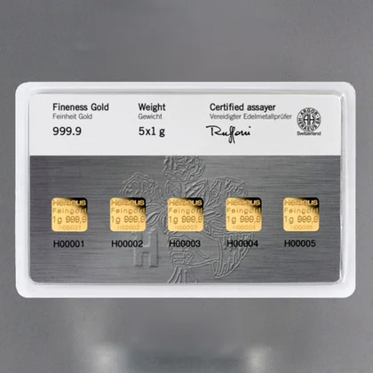 5 x 1g Goldbarren Multicard Heraeus