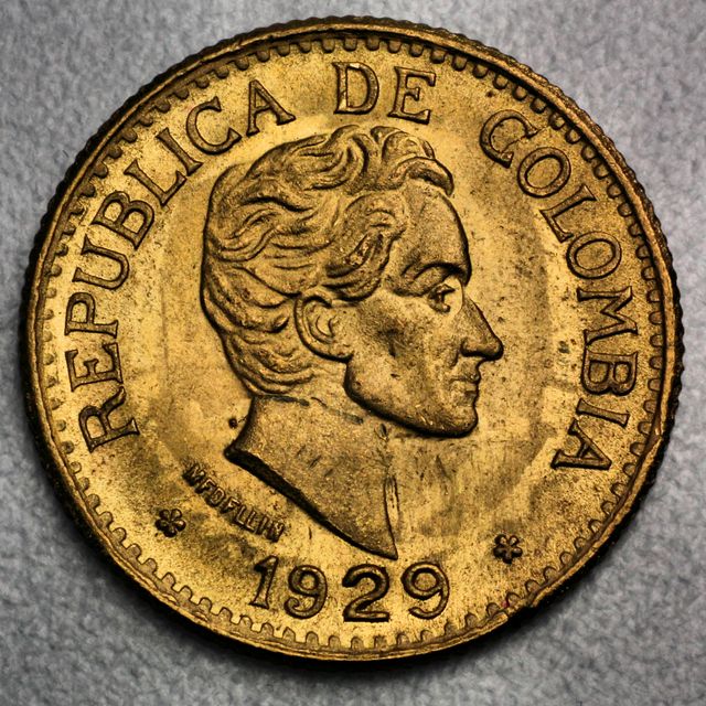 5 Pesos Goldmünze Columbien Cinco Pesos Republica Colombia Simon Bolivar 1929