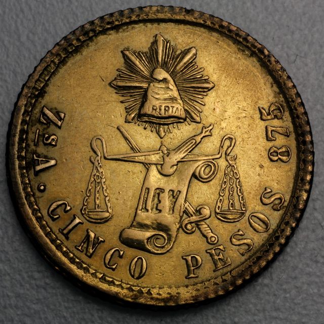 Alte 5 Pesos Goldmünze 1874 Mexiko