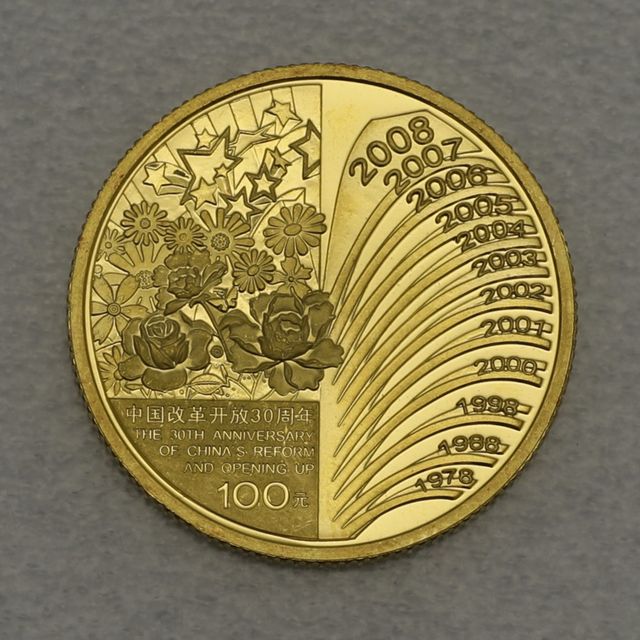 100 Yuan Goldmünze China 2008 30. Jahrestag der Wirtschaftsreformen 7,77g 999er Gold