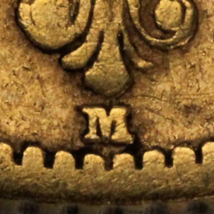 Prägezeichen M Melbourne unterhalb des Wappens auf der Rückseite eines halben Sovereign Königin Victoria